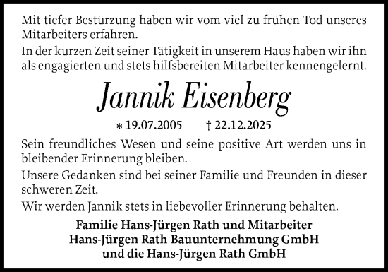 Traueranzeige von Jannik Eisenberg von Norddeutsche Rundschau, Wilstersche Zeitung, Glückstädter Fortuna