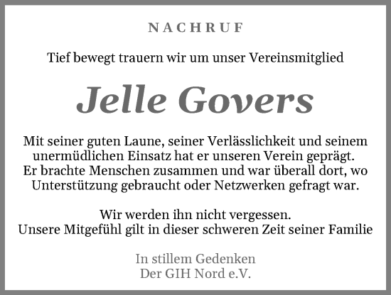 Traueranzeige von Jelle Govers von Norddeutsche Rundschau, Wilstersche Zeitung, Glückstädter Fortuna