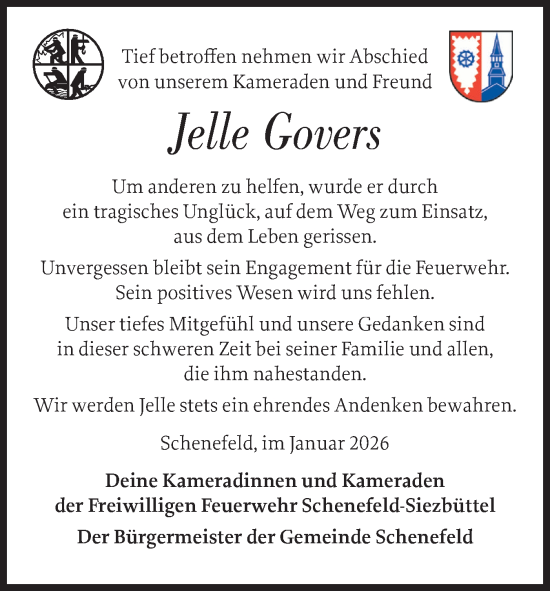 Traueranzeige von Jelle Govers von Norddeutsche Rundschau, Wilstersche Zeitung, Glückstädter Fortuna