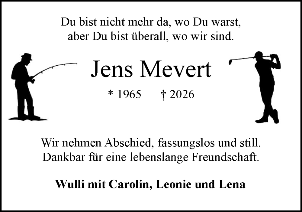  Traueranzeige für Jens Mevert vom 31.01.2026 aus Norddeutsche Rundschau, Wilstersche Zeitung, Glückstädter Fortuna