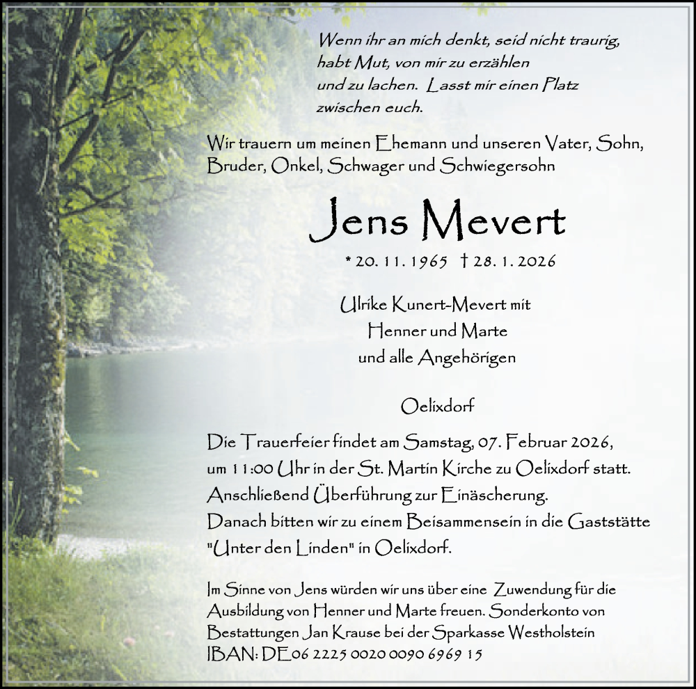  Traueranzeige für Jens Mevert vom 31.01.2026 aus Norddeutsche Rundschau, Wilstersche Zeitung, Glückstädter Fortuna