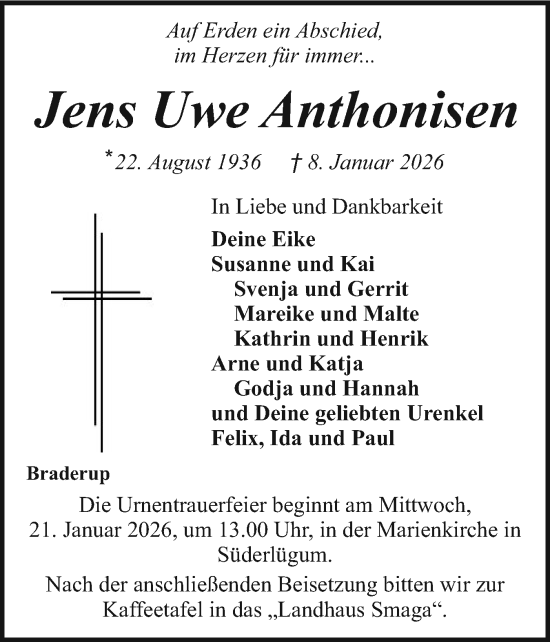 Traueranzeige von Jens Uwe Anthonisen von Husumer Nachrichten, Nordfriesland Tageblatt