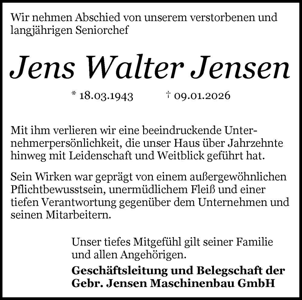  Traueranzeige für Jens Walter Jensen vom 16.01.2026 aus Flensburger Tageblatt, Schleswiger Nachrichten, Schlei-Bote