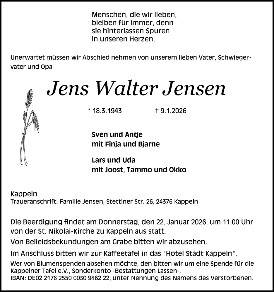  Traueranzeige für Jens Walter Jensen vom 15.01.2026 aus Flensburger Tageblatt, Schleswiger Nachrichten, Schlei-Bote