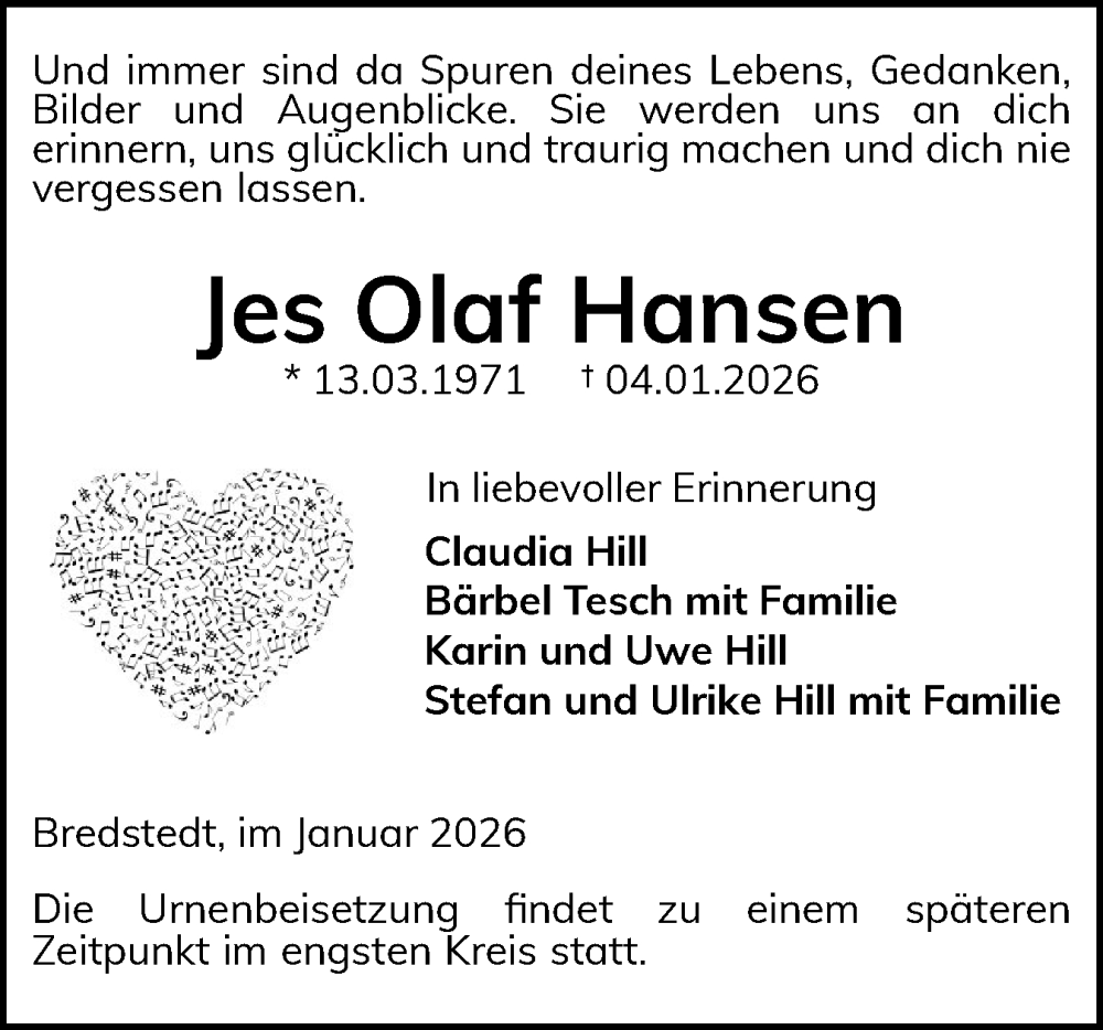  Traueranzeige für Jes Olaf Hansen vom 10.01.2026 aus Husumer Nachrichten, Nordfriesland Tageblatt