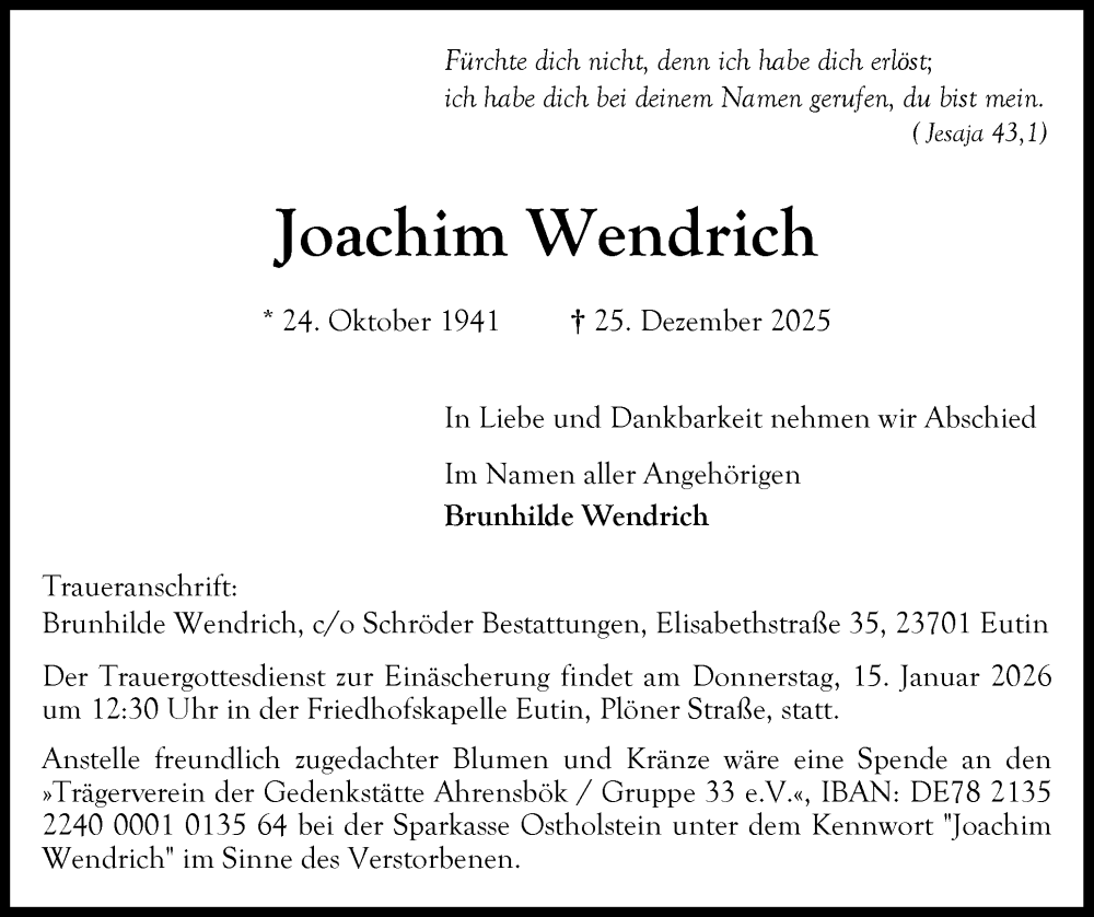  Traueranzeige für Joachim Wendrich vom 10.01.2026 aus Ostholsteiner Anzeiger