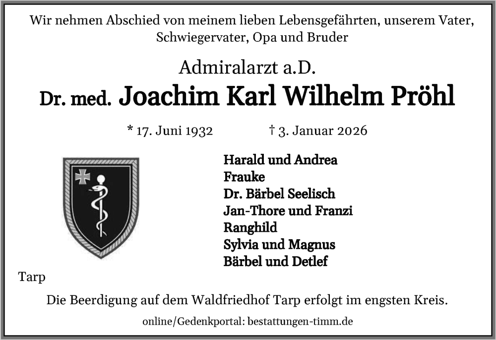  Traueranzeige für Joachim Karl Wilhelm Pröhl vom 21.01.2026 aus Flensburger Tageblatt