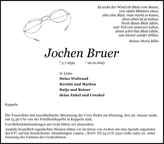 Traueranzeige von Jochen Bruer von Schleswiger Nachrichten, Schlei-Bote