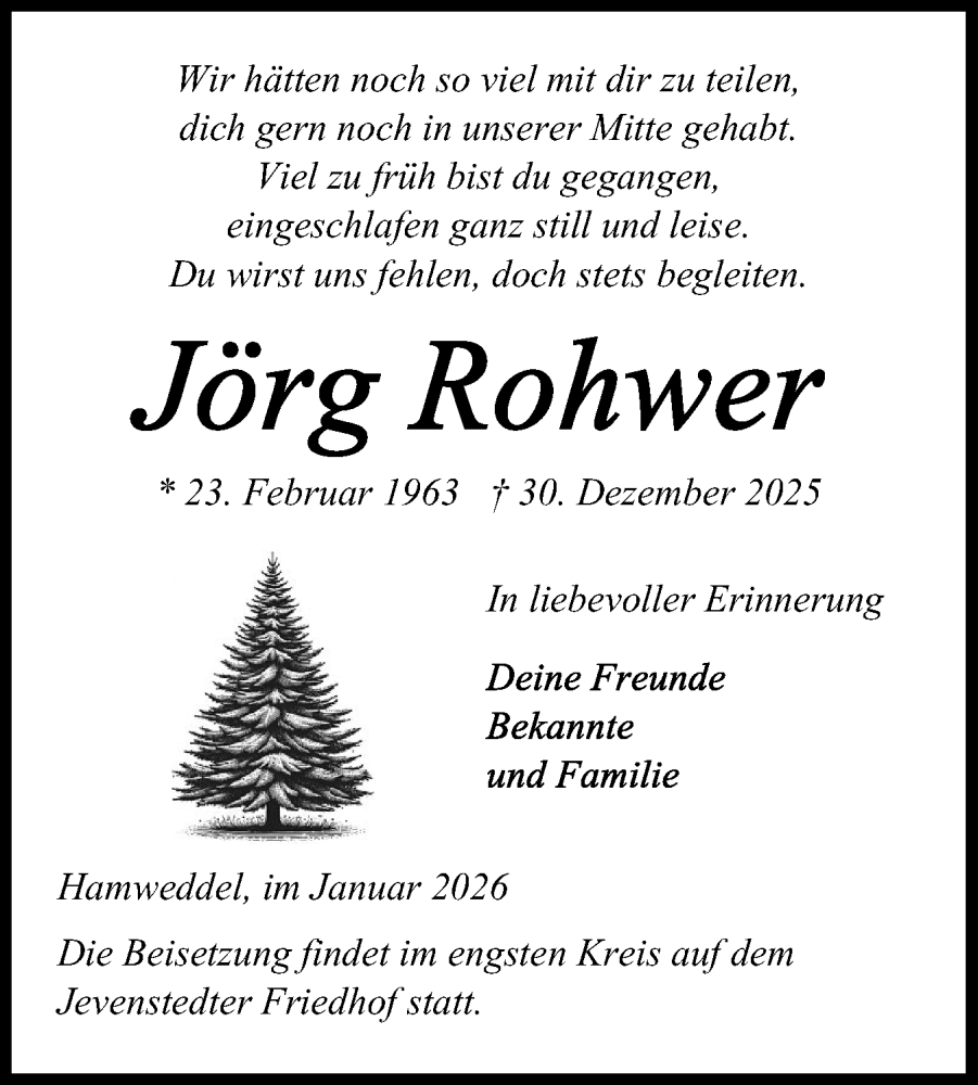  Traueranzeige für Jörg Rohwer vom 17.01.2026 aus Schleswig-Holsteinische Landeszeitung