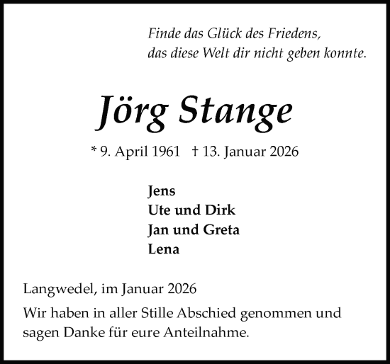 Traueranzeige von Jörg Stange von Schleswig-Holsteinische Landeszeitung