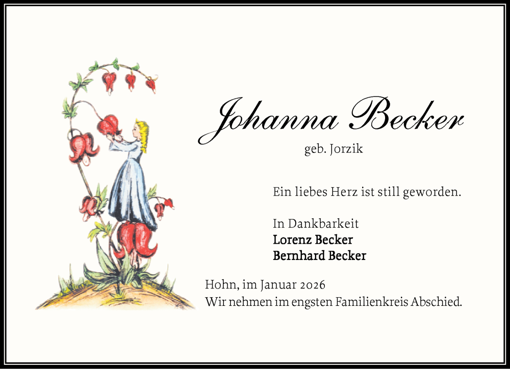  Traueranzeige für Johanna Becker vom 17.01.2026 aus Schleswig-Holsteinische Landeszeitung