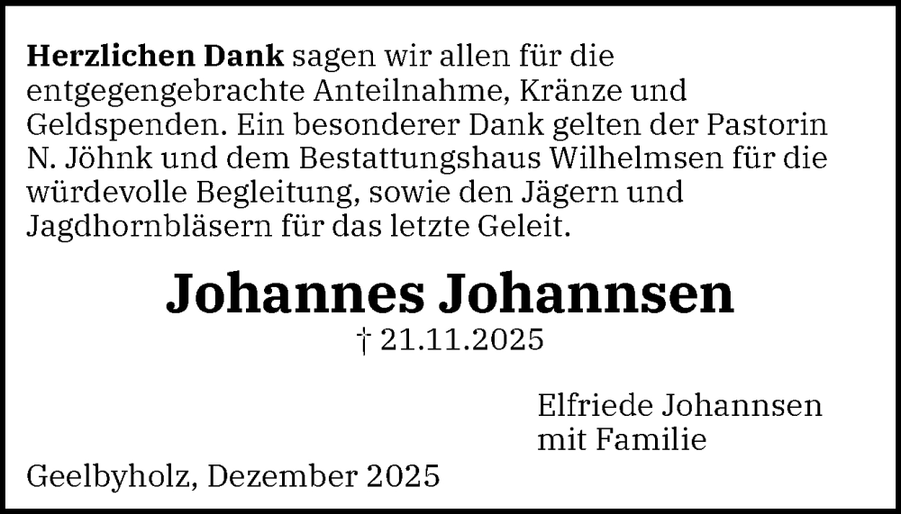  Traueranzeige für Johannes Johannsen vom 16.01.2026 aus Schleswiger Nachrichten, Schlei-Bote