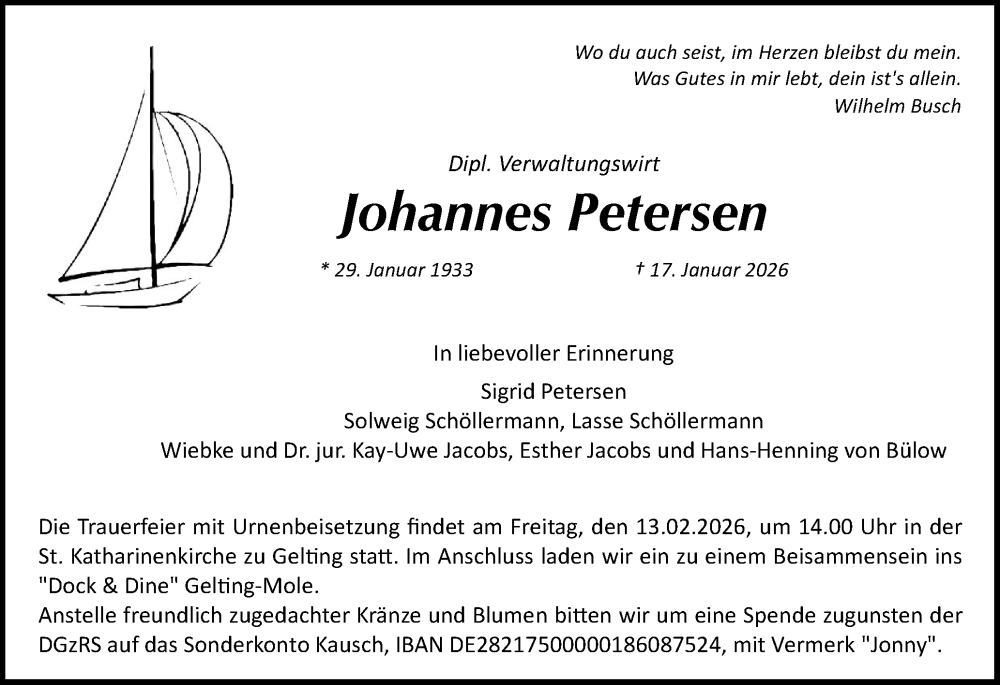  Traueranzeige für Johannes Petersen vom 31.01.2026 aus Flensburger Tageblatt, Schleswiger Nachrichten, Schlei-Bote