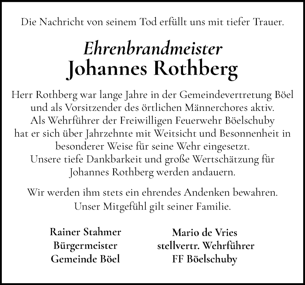  Traueranzeige für Johannes Rothberg vom 17.01.2026 aus Schleswiger Nachrichten, Schlei-Bote