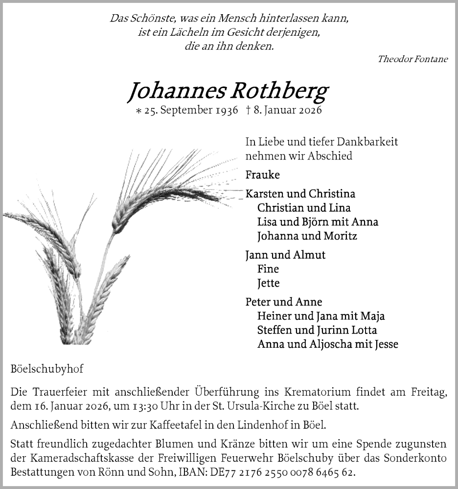 Traueranzeige für Johannes Rothberg vom 13.01.2026 aus Flensburger Tageblatt, Schleswiger Nachrichten, Schlei-Bote
