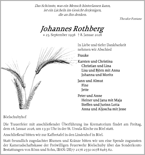 Traueranzeige von Johannes Rothberg von Flensburger Tageblatt, Schleswiger Nachrichten, Schlei-Bote