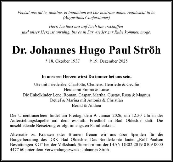 Traueranzeige von Johannes Hugo Paul Ströh von MARKT Bad Oldesloe/Reinfeld, MARKT Ahrensburg/Bargteheide/Trittau und Stormarner Tageblatt