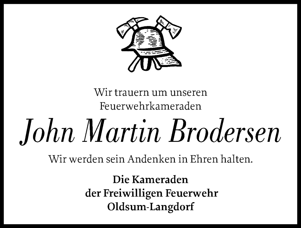  Traueranzeige für John Martin Brodersen vom 14.01.2026 aus Der Insel-Bote