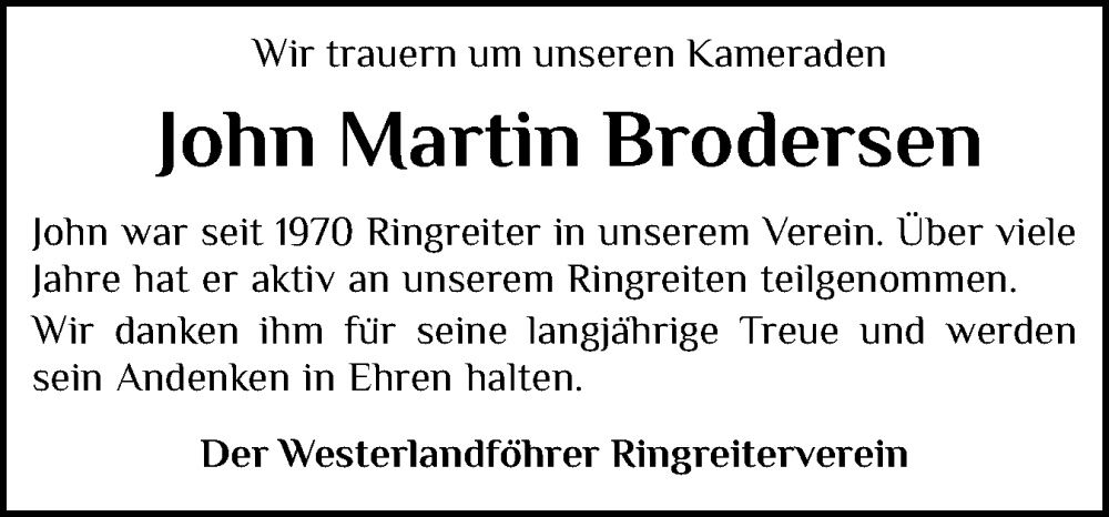  Traueranzeige für John Martin Brodersen vom 16.01.2026 aus Der Insel-Bote
