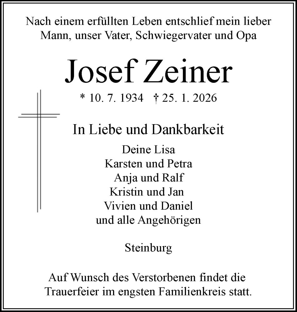  Traueranzeige für Josef Zeiner vom 31.01.2026 aus Norddeutsche Rundschau, Wilstersche Zeitung, Glückstädter Fortuna