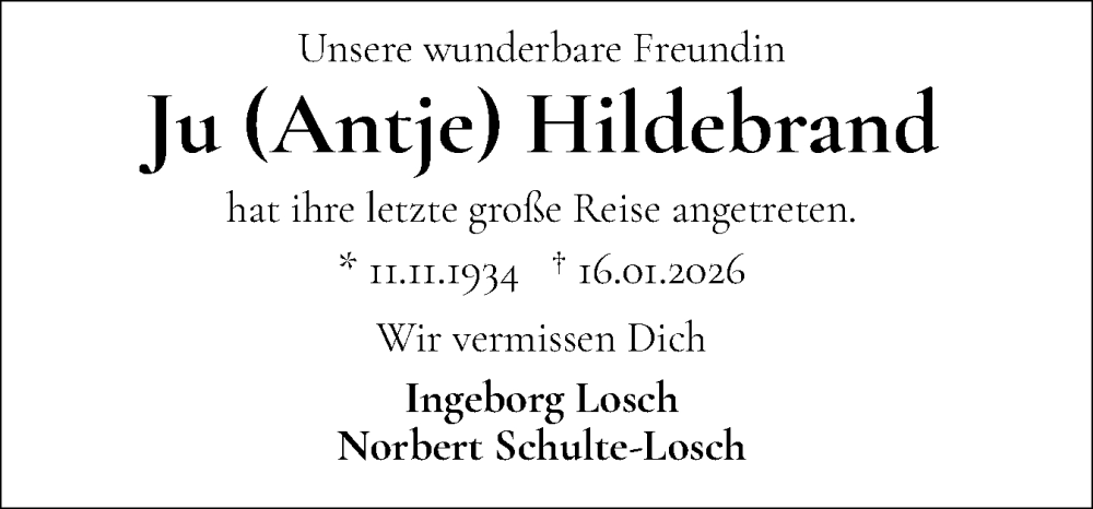  Traueranzeige für Ju (Antje) Hildebrand vom 31.01.2026 aus Eckernförder Zeitung, Hallo Eckernförde
