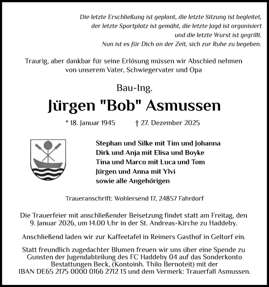 Traueranzeige von Jürgen Asmussen von Schleswiger Nachrichten, Schlei-Bote