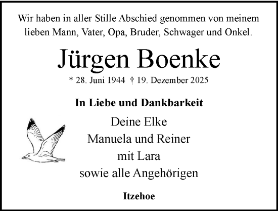 Traueranzeige von Jürgen Boenke von Norddeutsche Rundschau, Wilstersche Zeitung, Glückstädter Fortuna