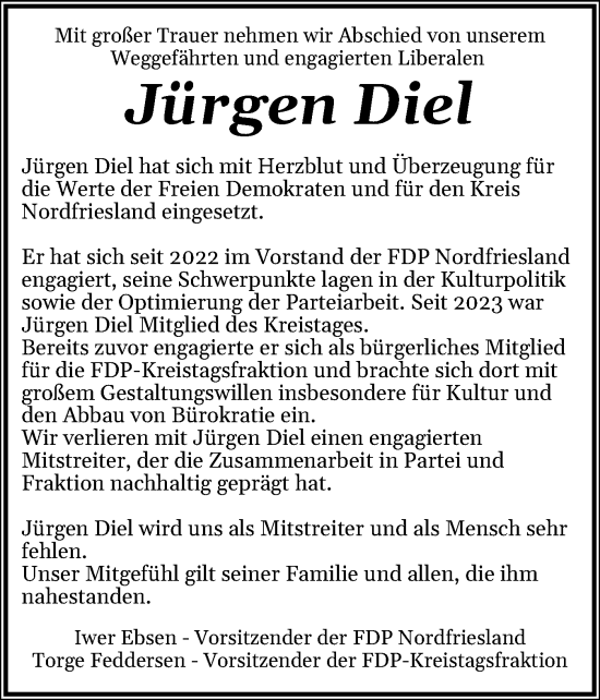 Traueranzeige von Jürgen Diel von Region Westküste