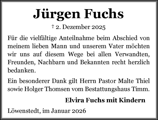 Traueranzeige von Jürgen Fuchs von Husumer Nachrichten, Nordfriesland Tageblatt