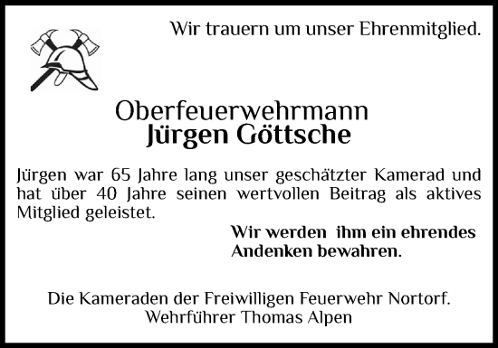 Traueranzeige von Jürgen Göttsche von Norddeutsche Rundschau, Wilstersche Zeitung, Glückstädter Fortuna