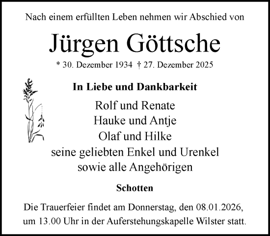 Traueranzeige von Jürgen Göttsche von Norddeutsche Rundschau, Wilstersche Zeitung, Glückstädter Fortuna
