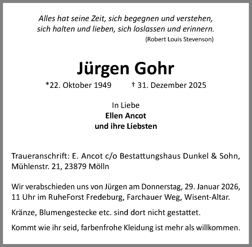  Traueranzeige für Jürgen Gohr vom 24.01.2026 aus MARKT Ratzeburg/Mölln