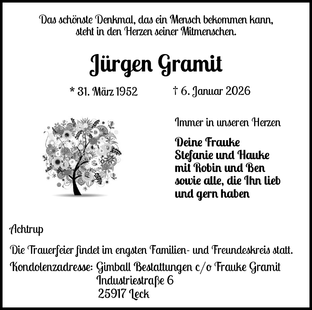  Traueranzeige für Jürgen Gramit vom 16.01.2026 aus Husumer Nachrichten, Nordfriesland Tageblatt