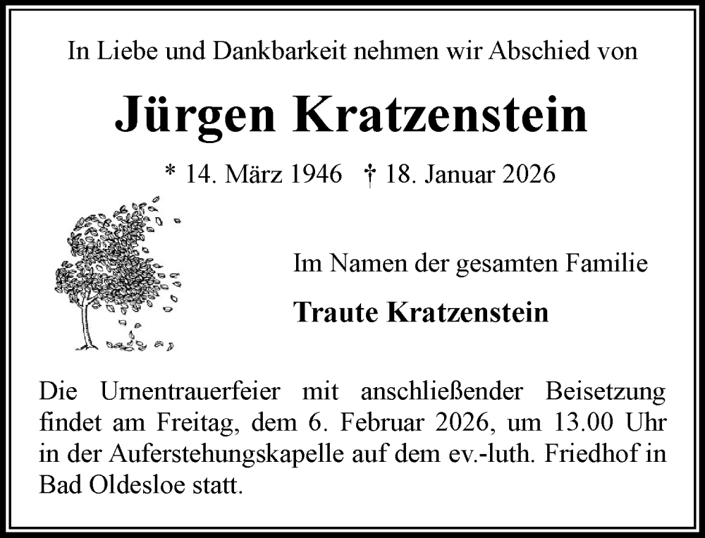  Traueranzeige für Jürgen Kratzenstein vom 31.01.2026 aus MARKT Bad Oldesloe/Reinfeld und Stormarner Tageblatt