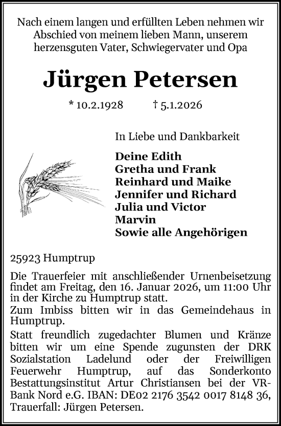 Traueranzeige von Jürgen Petersen von Husumer Nachrichten, Nordfriesland Tageblatt