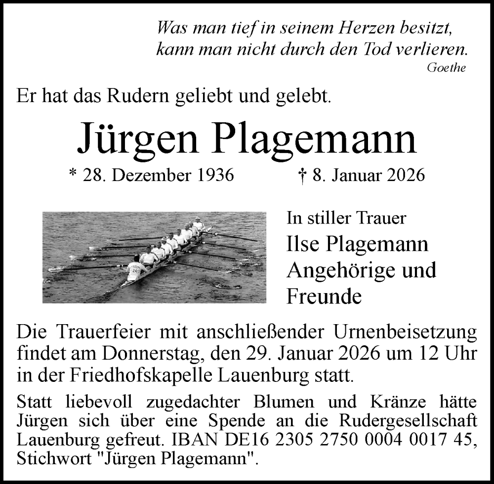  Traueranzeige für Jürgen Plagemann vom 17.01.2026 aus Wochenend Anzeiger
