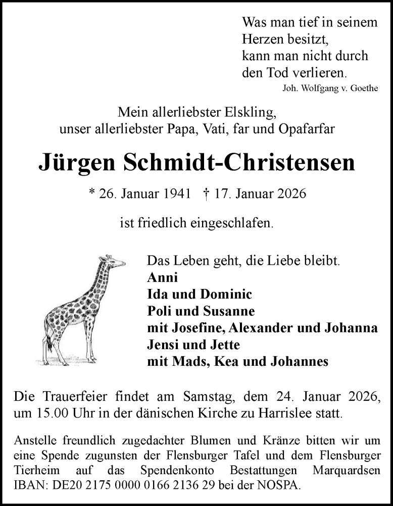  Traueranzeige für Jürgen Schmidt-Christensen vom 21.01.2026 aus Region Flensburg