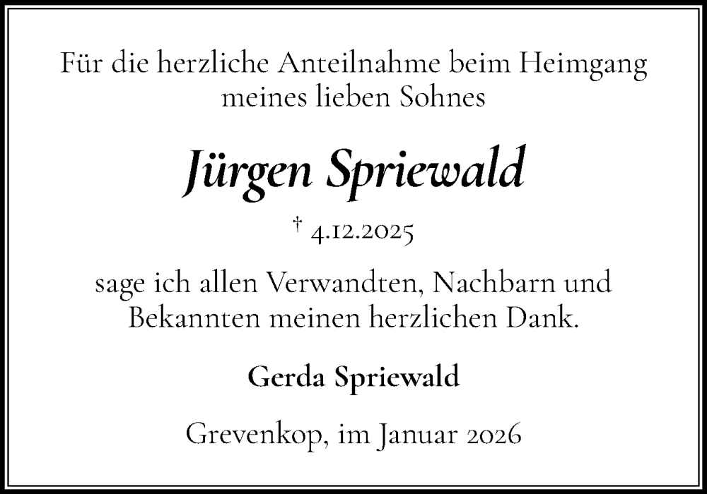  Traueranzeige für Jürgen Spriewald vom 03.01.2026 aus Norddeutsche Rundschau, Wilstersche Zeitung, Glückstädter Fortuna
