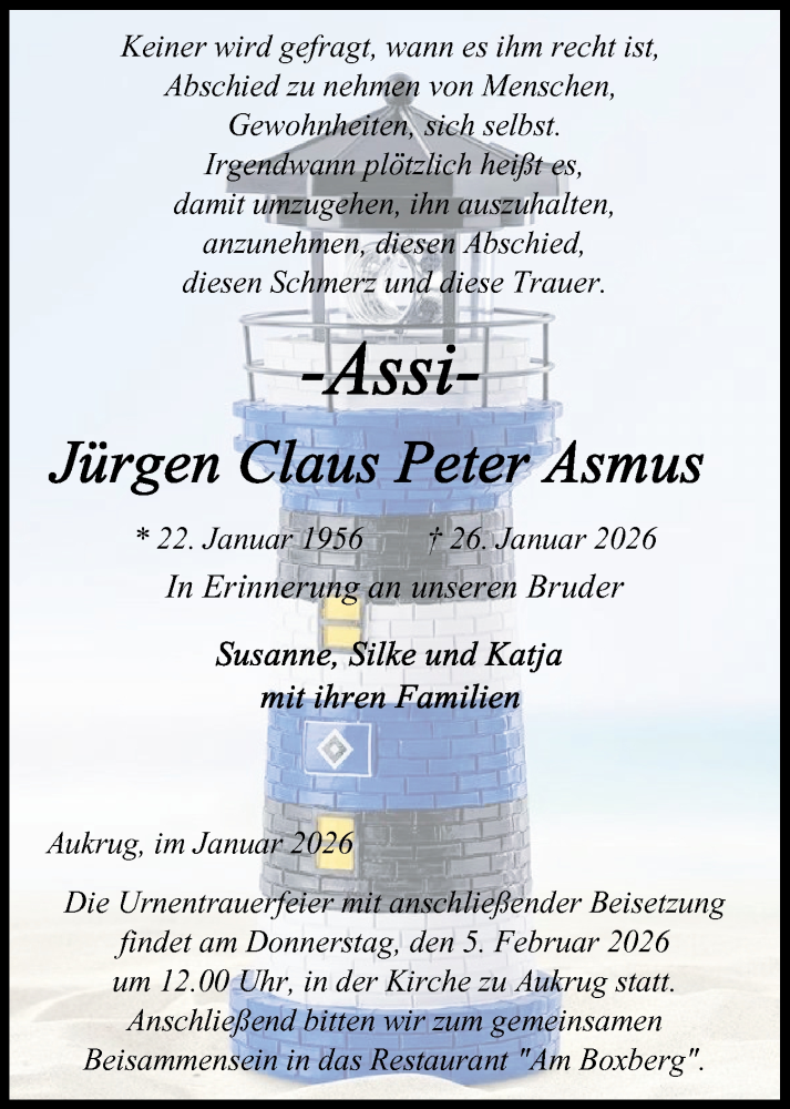  Traueranzeige für Jürgen Claus Peter Asmus vom 31.01.2026 aus Schleswig-Holsteinische Landeszeitung