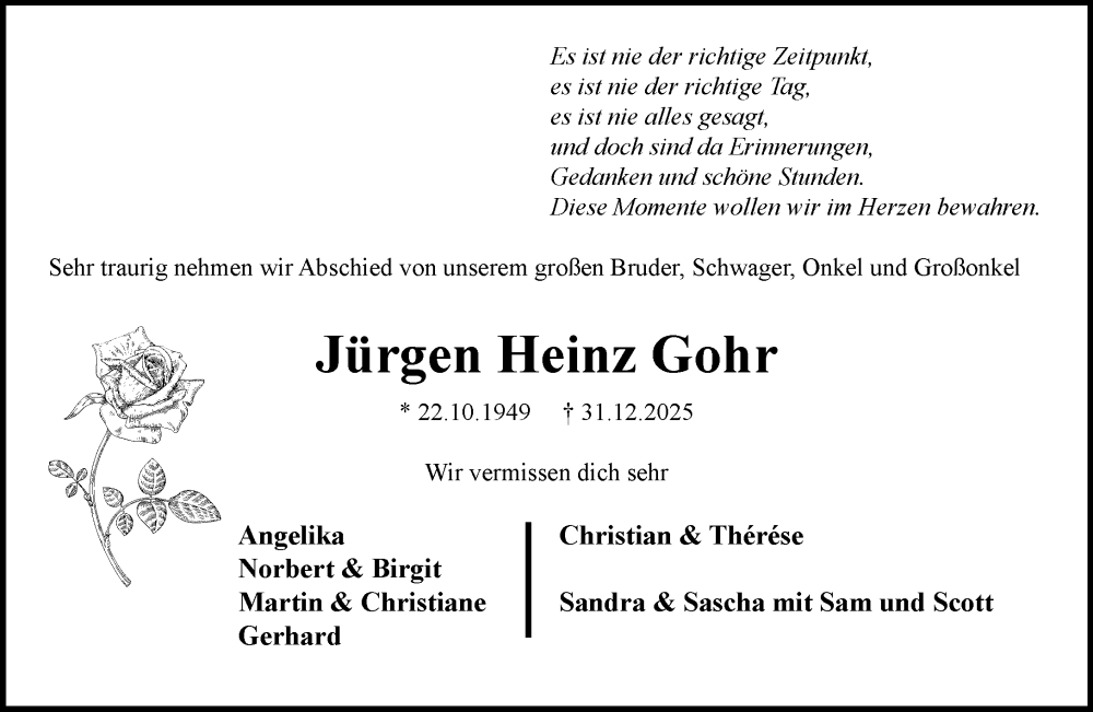  Traueranzeige für Jürgen Heinz Gohr vom 24.01.2026 aus MARKT Ratzeburg/Mölln