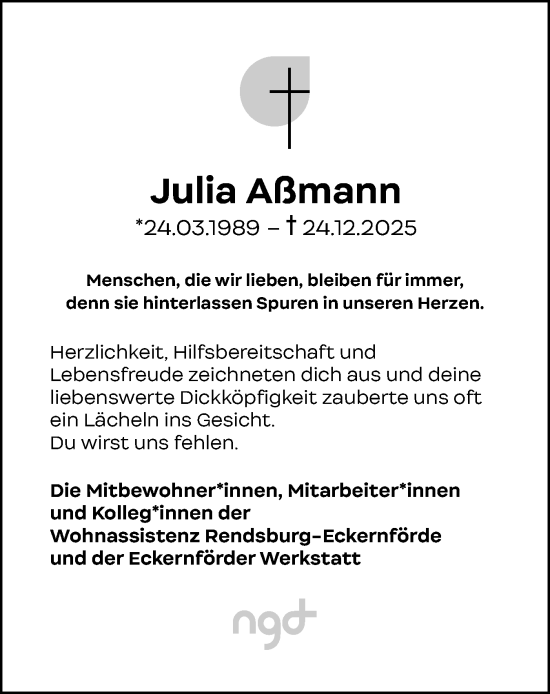 Traueranzeige von Julia Aßmann von Eckernförder Zeitung, Hallo Eckernförde