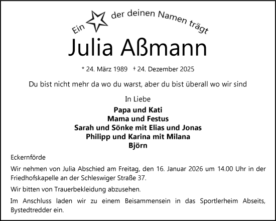 Traueranzeige von Julia Aßmann von Eckernförder Zeitung
