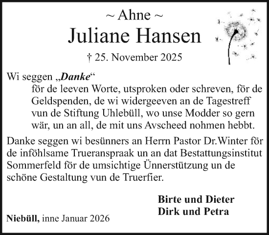 Traueranzeige von Juliane Hansen von Husumer Nachrichten, Nordfriesland Tageblatt