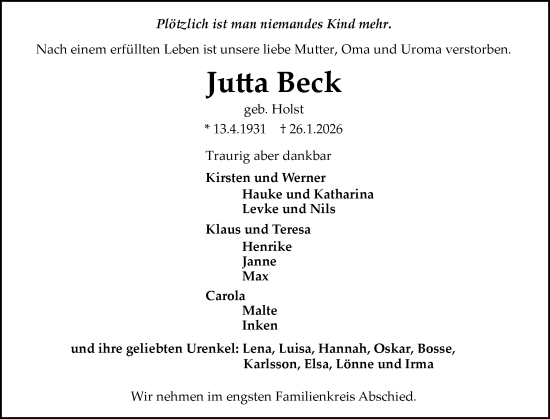 Traueranzeige von Jutta Beck von Flensburger Tageblatt