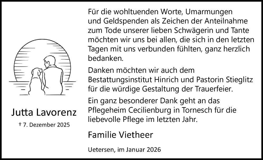  Traueranzeige für Jutta Lavorenz vom 10.01.2026 aus Uetersener Nachrichten, Der tip am Wochenende