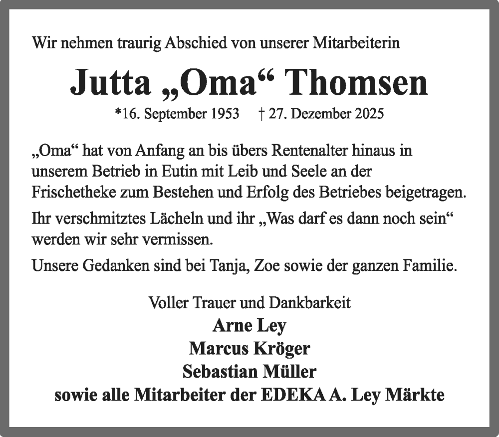  Traueranzeige für Jutta Thomsen vom 21.01.2026 aus Ostholsteiner Anzeiger