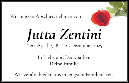 Traueranzeige von Jutta Zentini von Flensburger Tageblatt