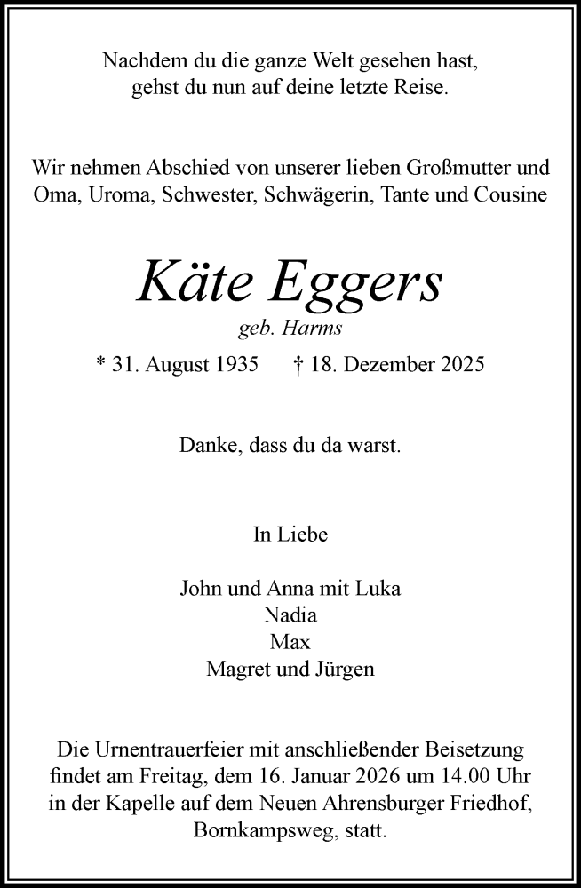  Traueranzeige für Käte Eggers vom 10.01.2026 aus MARKT Ahrensburg/Bargteheide/Trittau und Stormarner Tageblatt