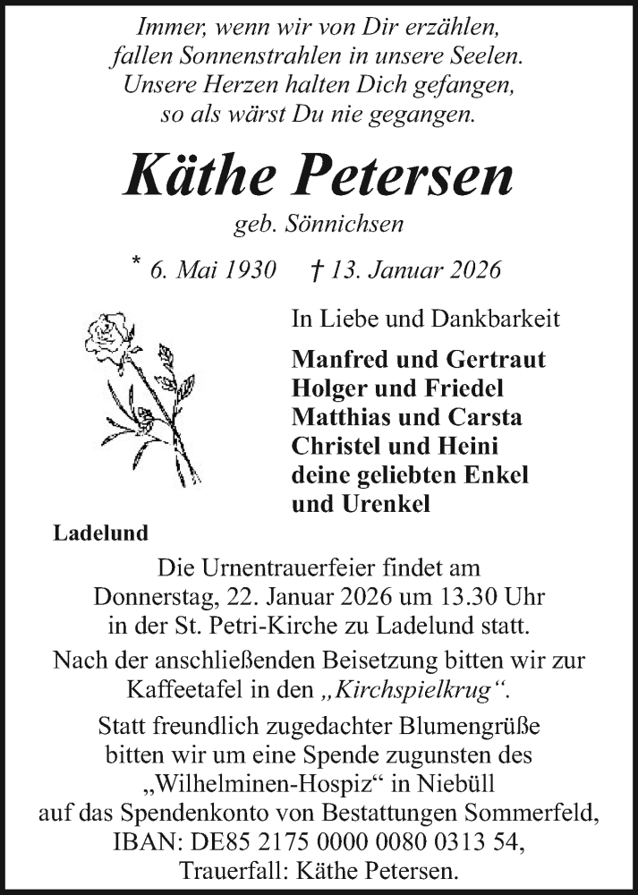  Traueranzeige für Käthe Petersen vom 17.01.2026 aus Husumer Nachrichten, Nordfriesland Tageblatt
