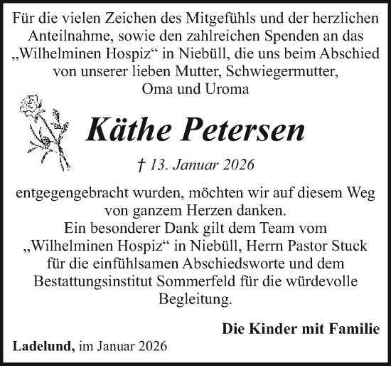 Traueranzeige von Käthe Petersen von Husumer Nachrichten, Nordfriesland Tageblatt